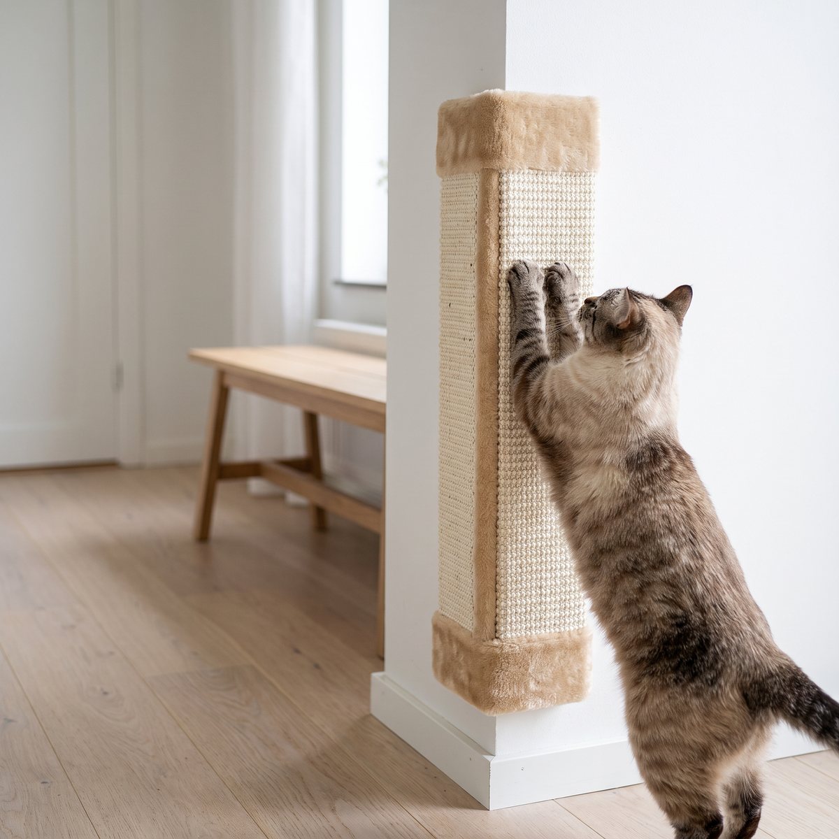 Trixie hörnklösbräda med sisal på ett utvändigt hörn i en svensk hall, en katt klöser