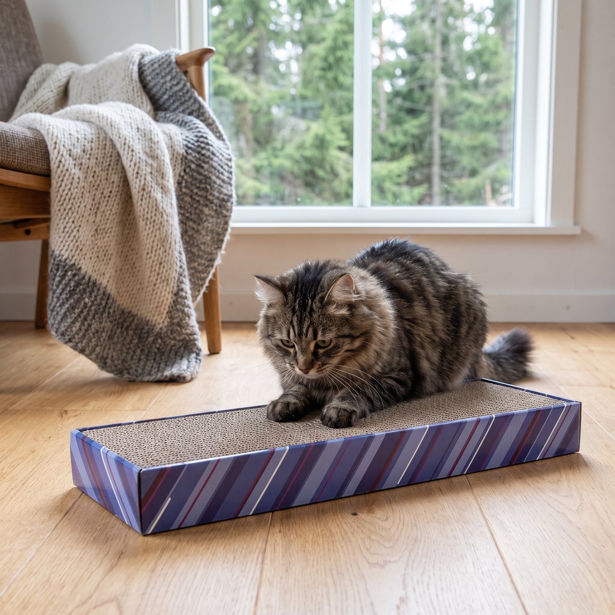 Trixie klösbräda i papp på trägolv i ett svenskt hem, en katt klöser på ytan