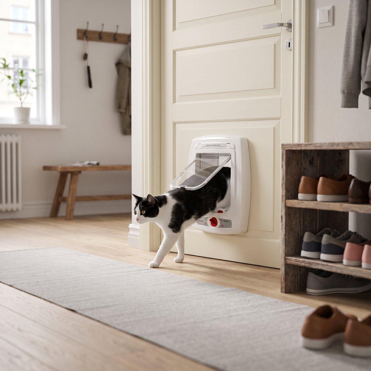 Ferplast Swing Microchip monterad i en ljus dörr i en svensk lägenhetshall med en katt på väg igenom