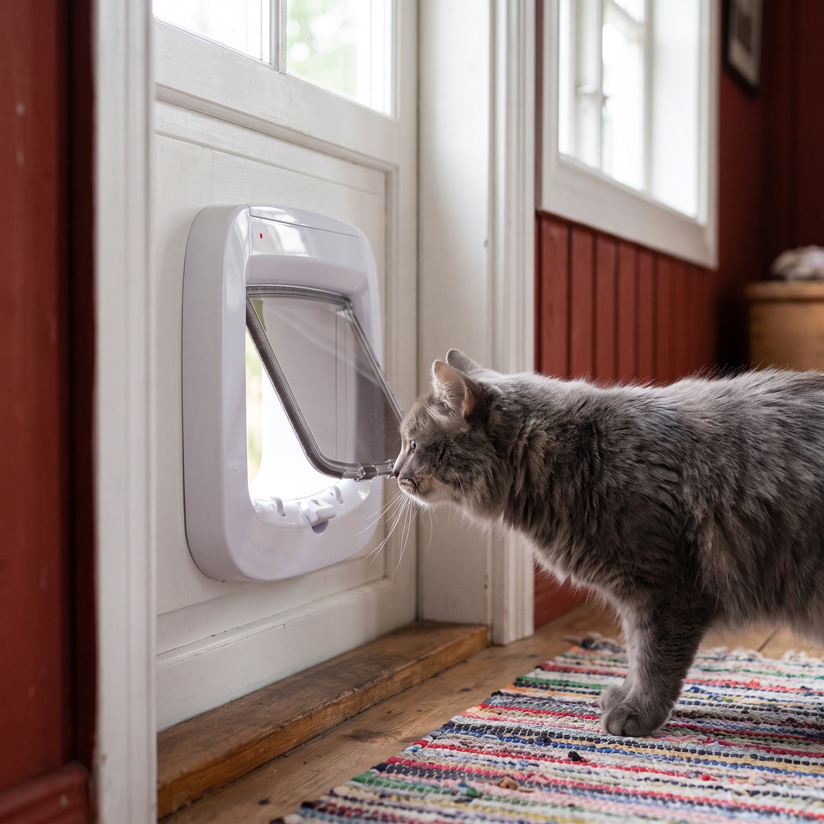 PetSafe Microchip Cat Flap i en vit dörr i en svensk röd stuga, där en grå katt nosar på luckan