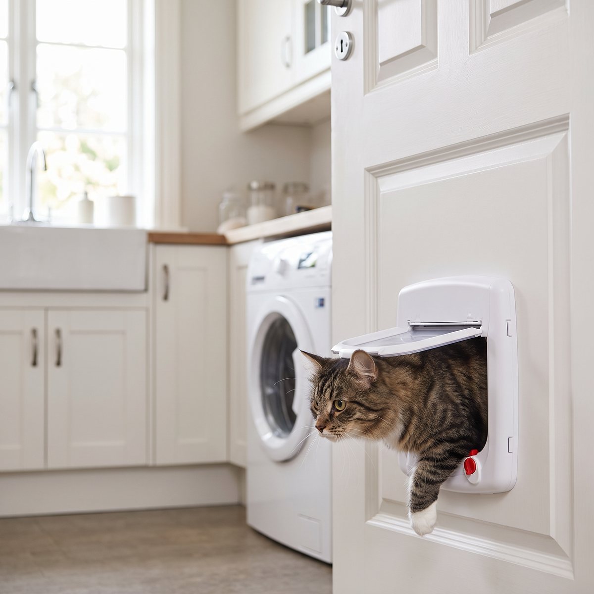 PetSafe Staywell Magnet 400 monterad i en vit dörr i ett svenskt bryggkök, där en katt tar sig igenom