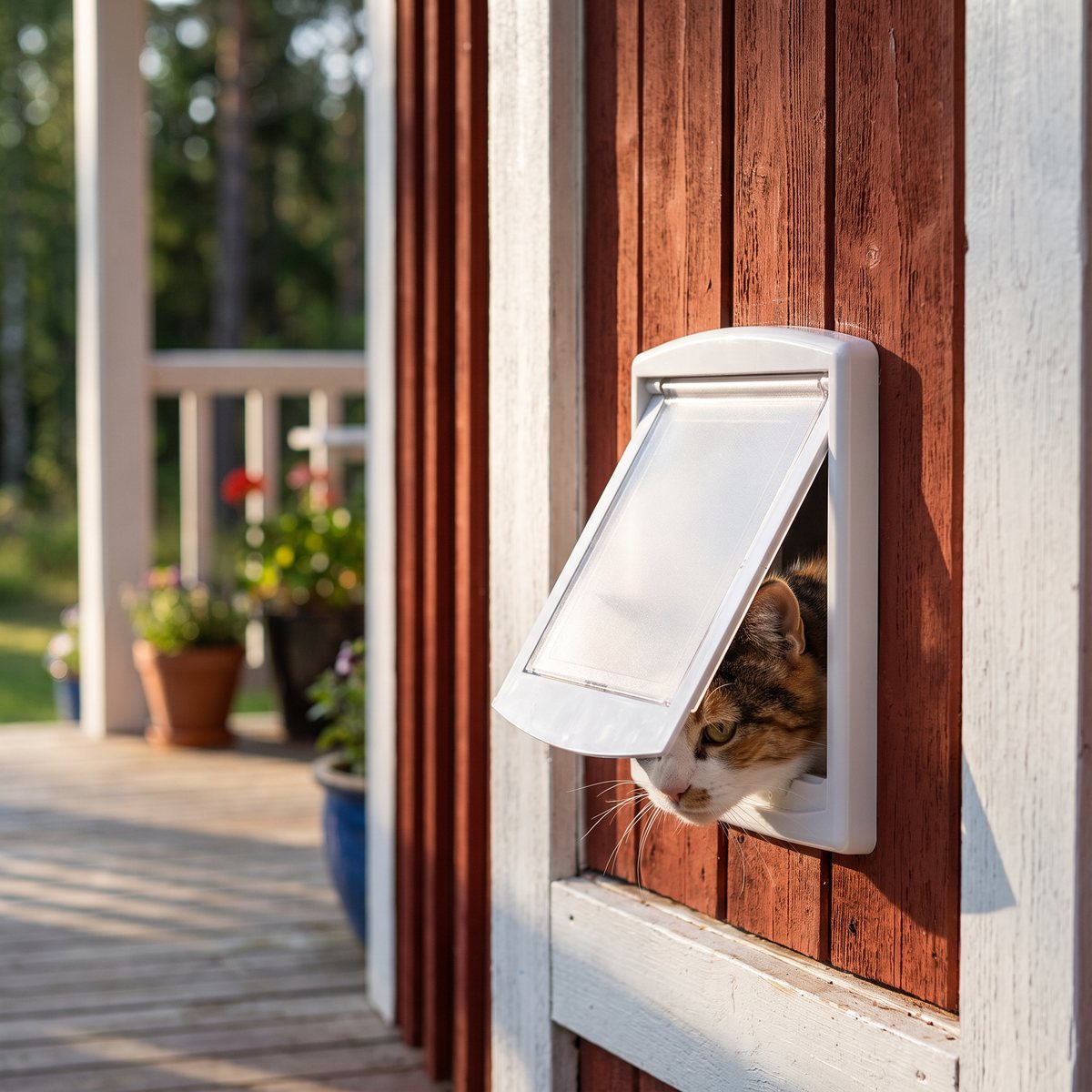 PetSafe Staywell 715 monterad i en dörr på en svensk sommarstugeveranda, där en katt kikar ut genom luckan