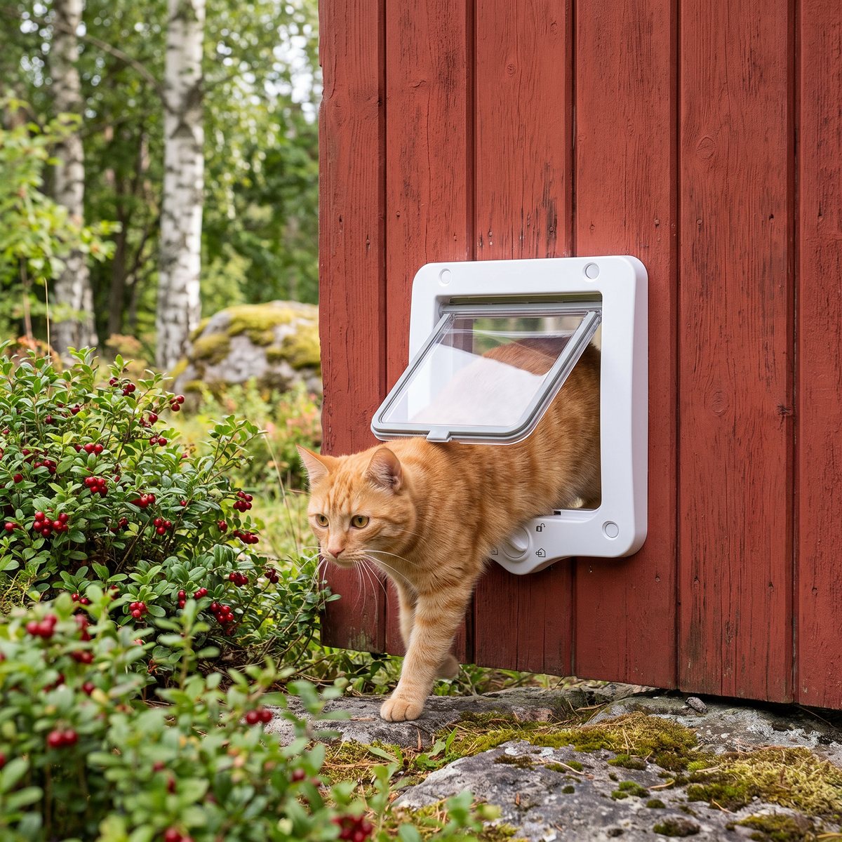 Trixie Kattdörr 4-vägs monterad i en trädörr på ett svenskt hus med lingonris och björkar utanför, där en röd katt går igenom