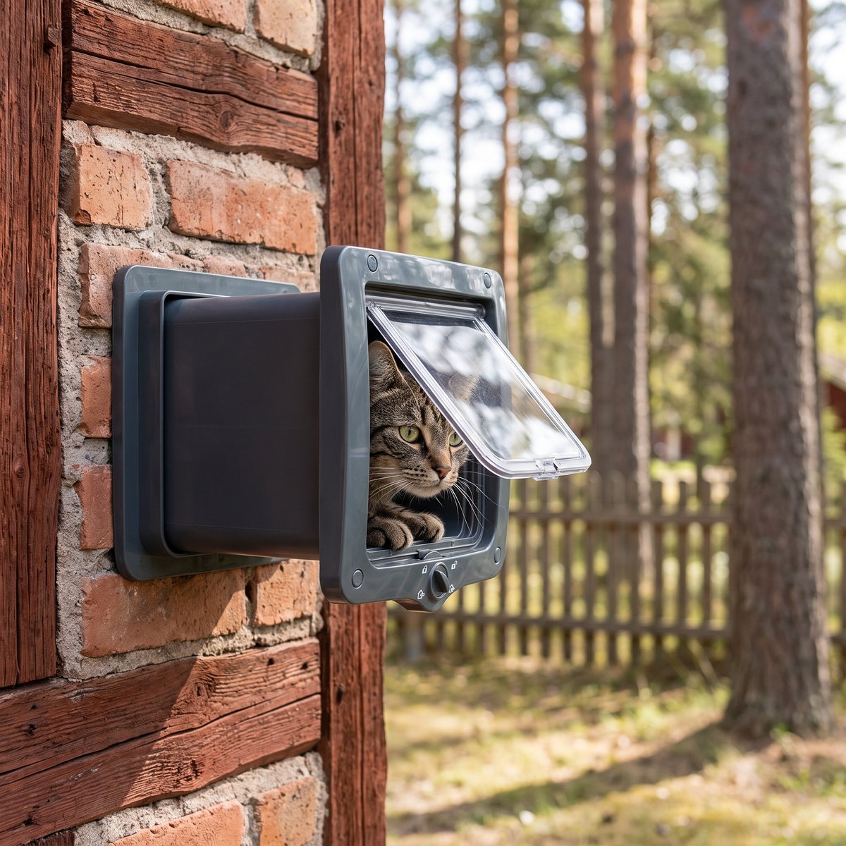 Trixie Kattdörr Extra Djup XXL med tunnel monterad genom en tegel- och timmerväg på ett svenskt hus, med en katt i tunneln
