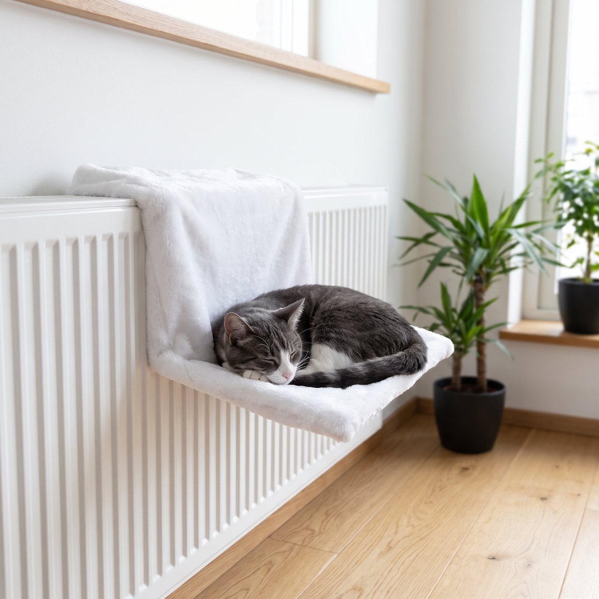Vit elementsäng i plysch hänger på ett vitt element i ett ljust svenskt hem, en grå katt sover i den