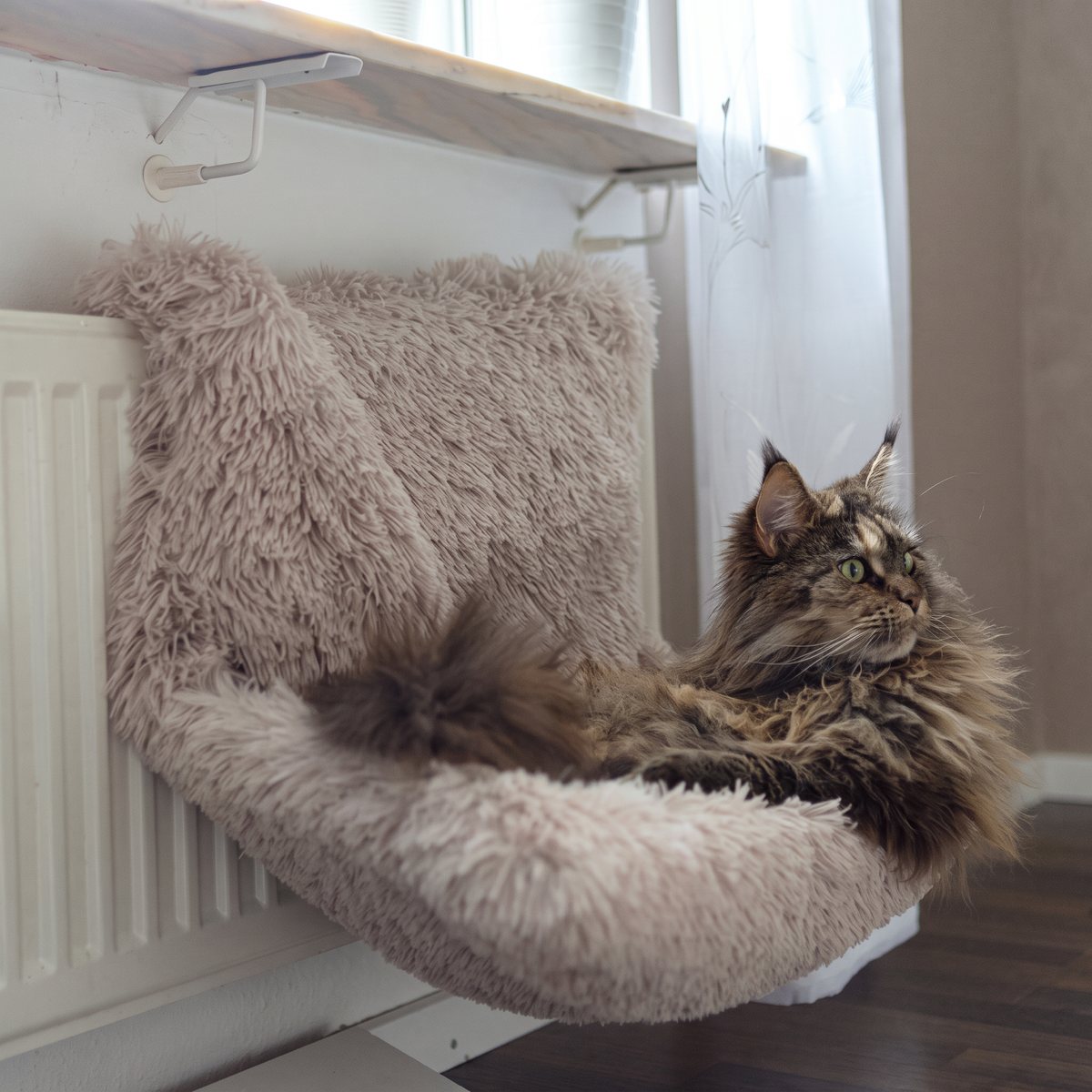 Beige elementbädd i lurvig plysch hänger på ett element under en fönsterbräda i ett svenskt hem, en långhårig katt vilar i den