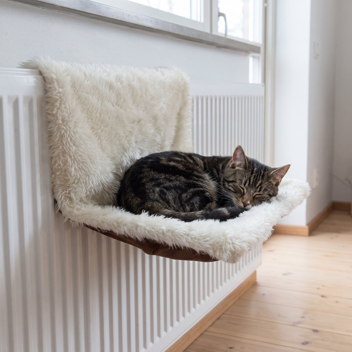 Elementsäng i krämvit lurvig plysch hänger på ett vitt element i ett svenskt vardagsrum, en strimmig katt sover i den