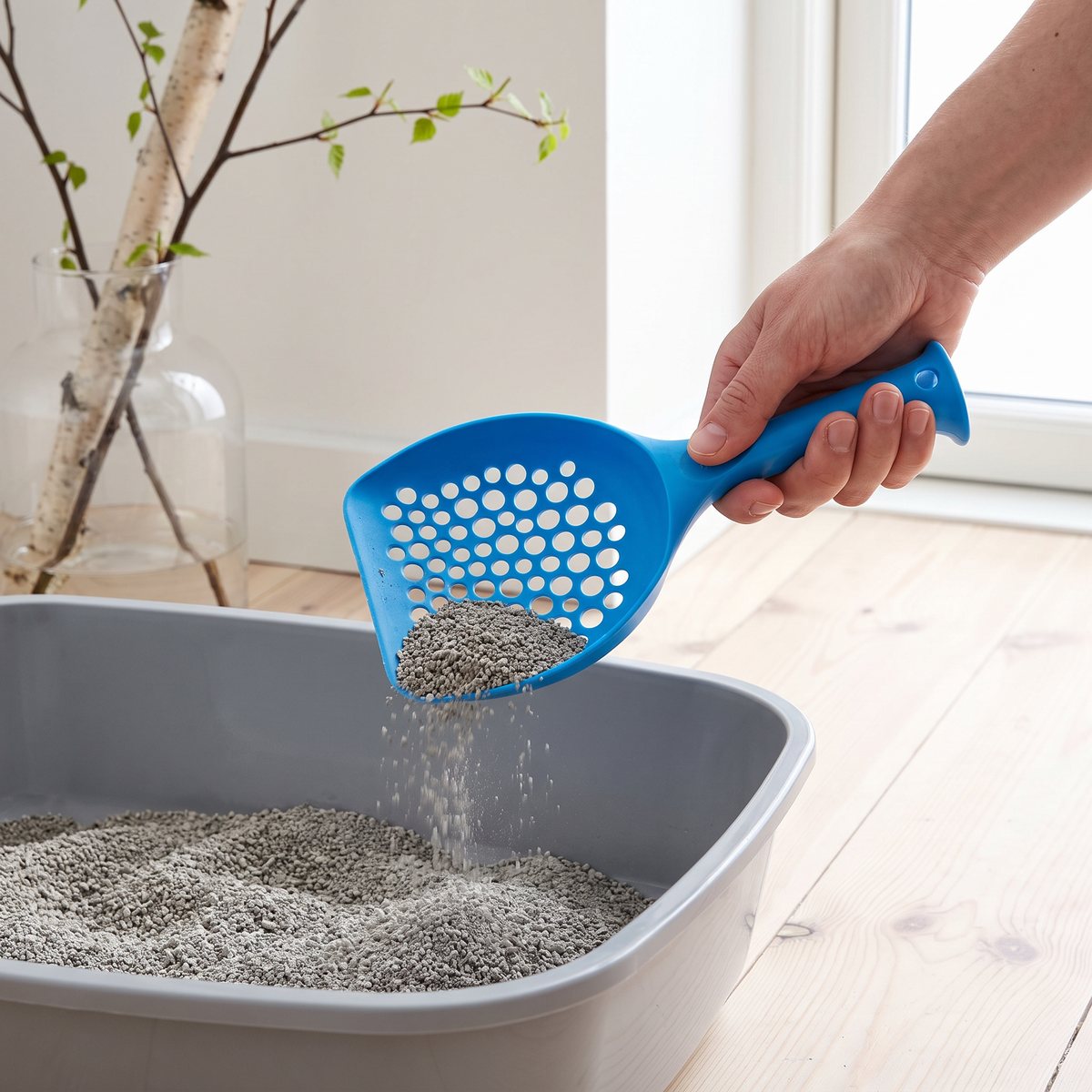 Blå kattsandspade i plast med runda hål som sållar kattsand över en kattlåda i ett svenskt hem