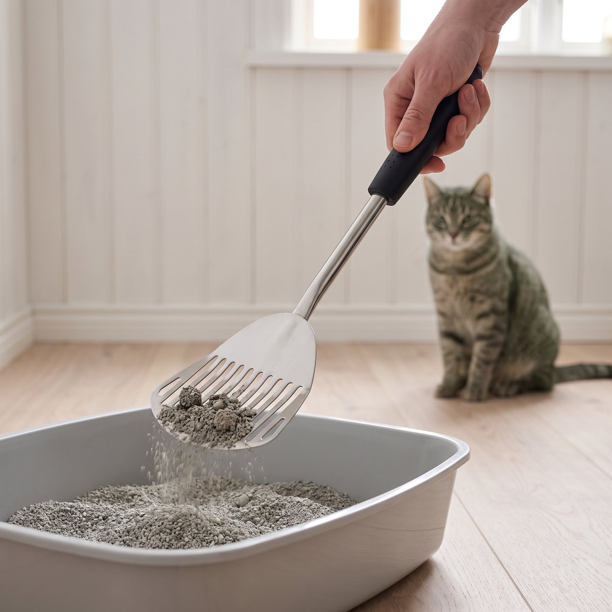 Kattspade i metall med svart handtag som sållar klumpar ur kattsand i en svensk hall, katt i bakgrunden