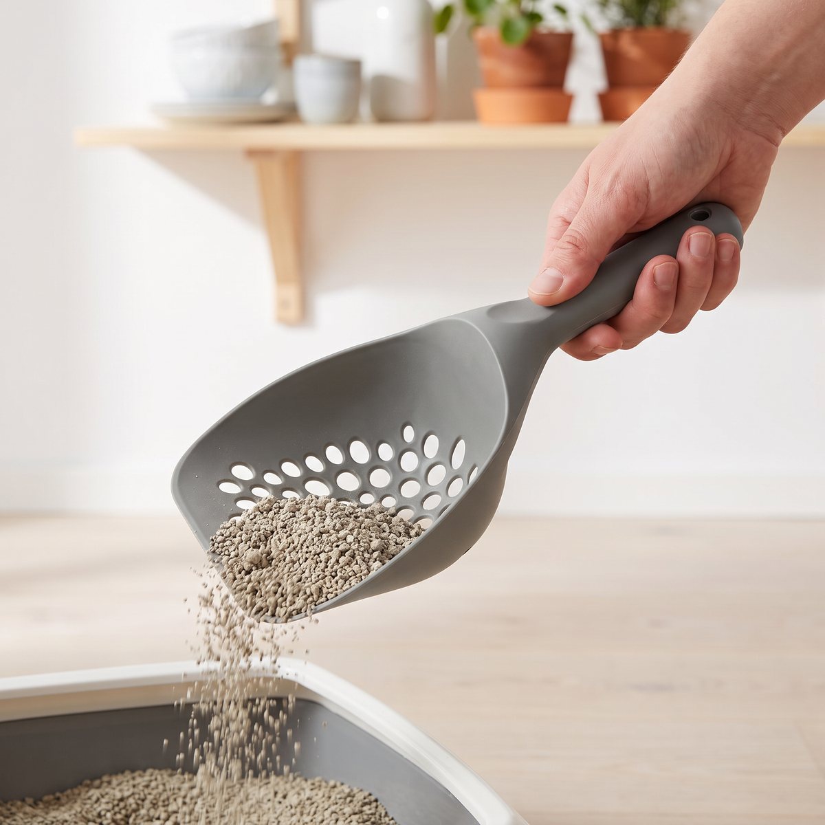 Grå kattsandsspade i plast med runda hål som sållar kattsand över en kattlåda i ett svenskt hem