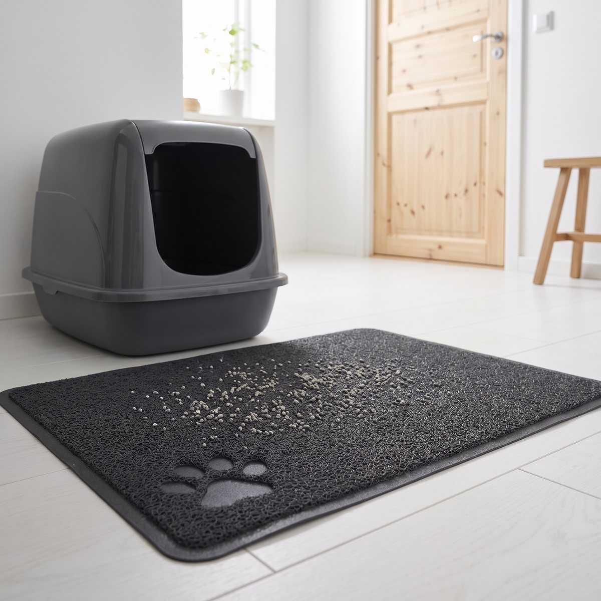 Antracitgrå kattlådematta med tass framför en kattlåda med huv på vitoljat ekgolv i en svensk lägenhet