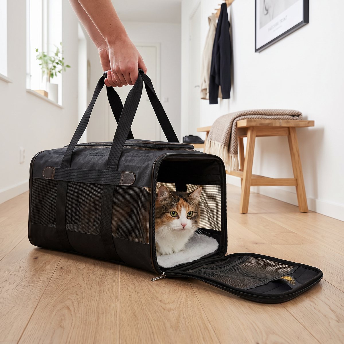 Svart transportväska av Sherpa-typ med nedfälld frontlucka och en katt i en ljus svensk hall