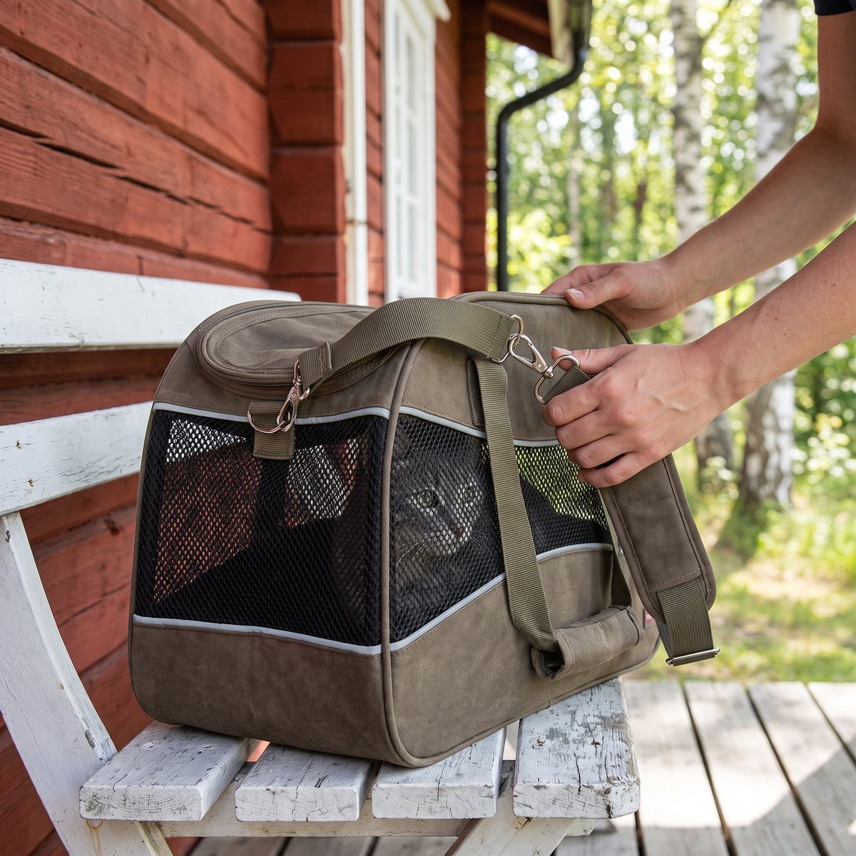 Olivbrun Trixie Alison transportväska med mesh på en vit bänk vid en faluröd stuga
