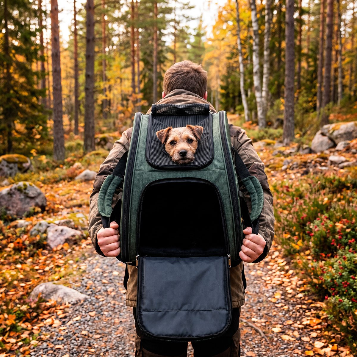 Grön Trixie Madison transportryggsäck buren i en svensk tall- och björkskog på hösten med en hund i öppningen