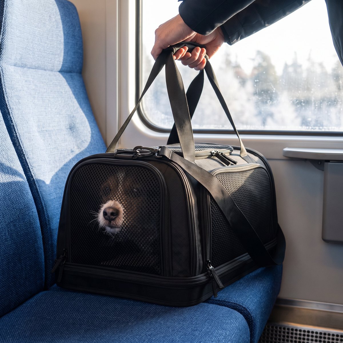Svart Trixie Plane transportväska på ett blått tågsäte med en hund som tittar ut genom nätet