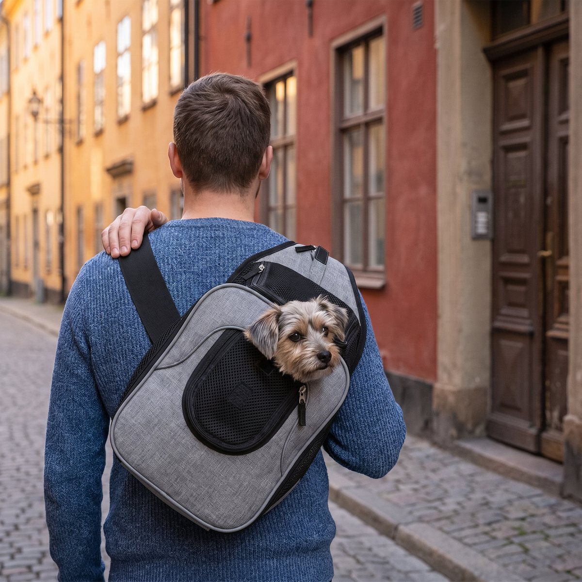 Grå Trixie Savina transportväska buren över ryggen på en kullerstensgata i en svensk gammal stadsdel med en hund i fönstret
