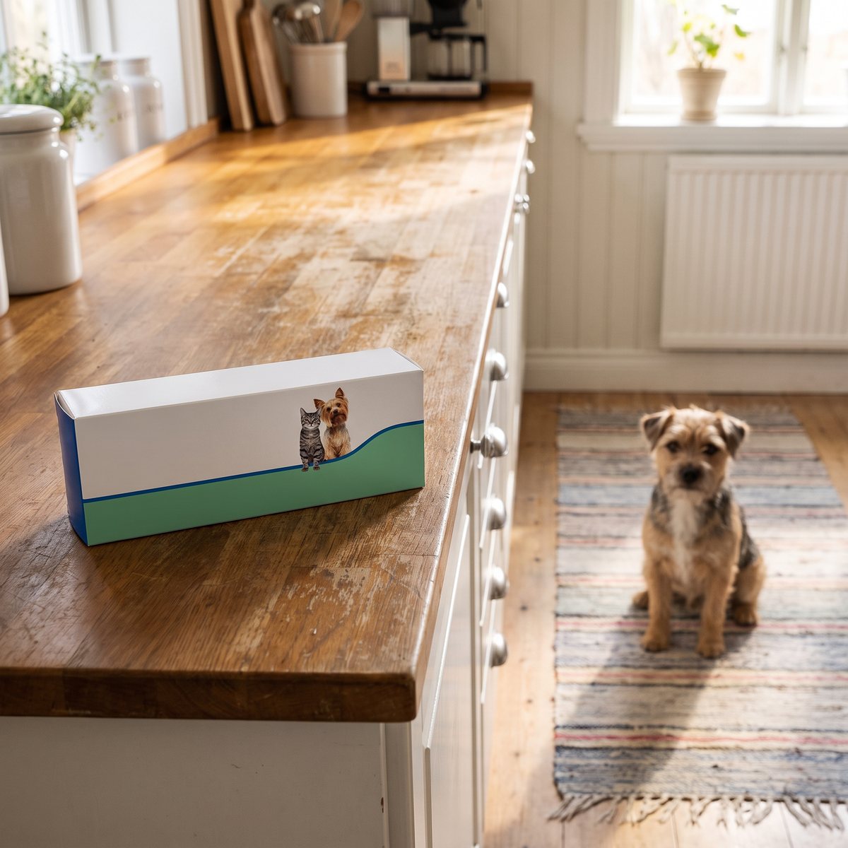 Virbac Anxitane S-förpackning på en köksbänk i ett svenskt kök, med en liten hund som sitter på en trasmatta.