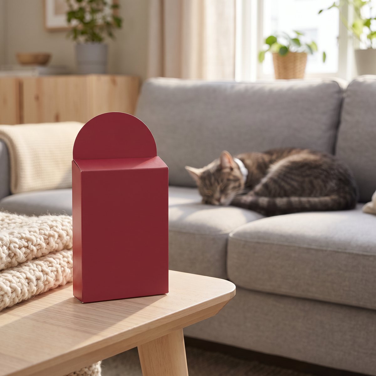 Felisept Home Comfort-förpackning på ett sidobord i ett svenskt vardagsrum, med en katt med halsband som sover i soffan.