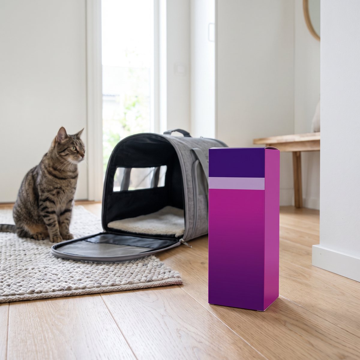 Feliway Classic Spray-förpackning bredvid en kattbur i en svensk hall, med en katt som sitter lugnt intill.