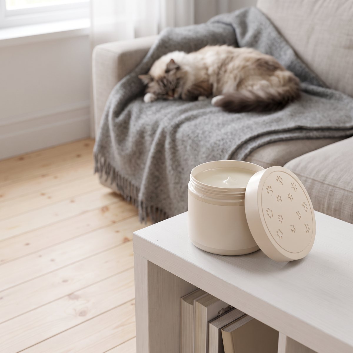 Virbac Zenifel geldiffusor med öppet lock på en bokhylla i ett svenskt vardagsrum, med en katt som sover på soffan.