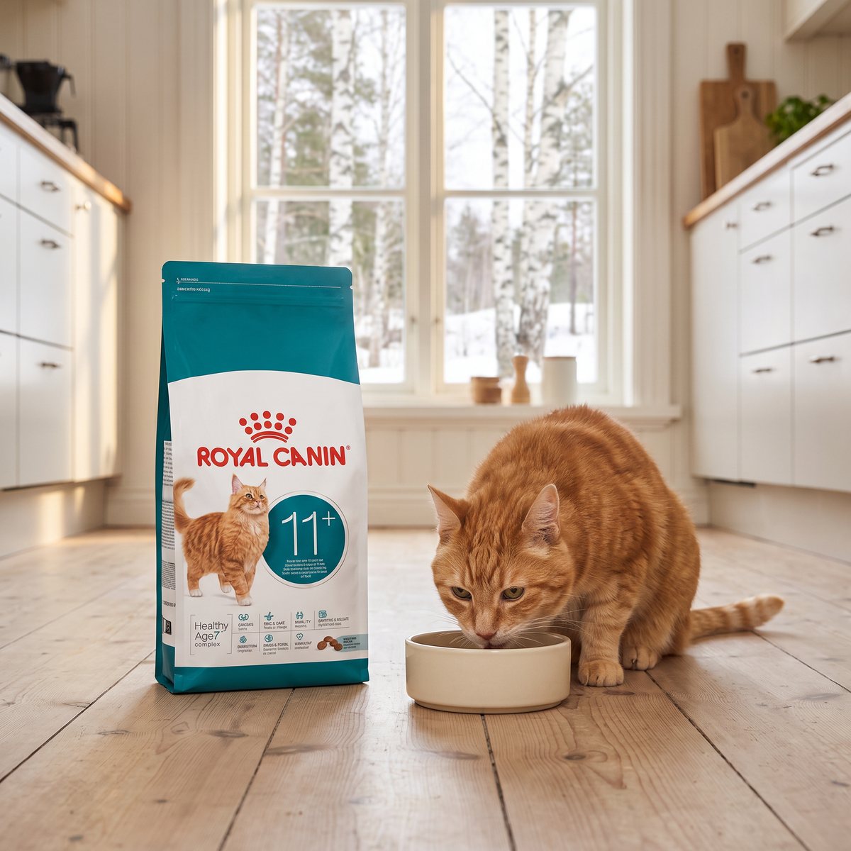 Säck Royal Canin Ageing 11+ på köksgolvet i ett svenskt hem med björkar utanför fönstret, där en äldre orange katt äter ur en skål