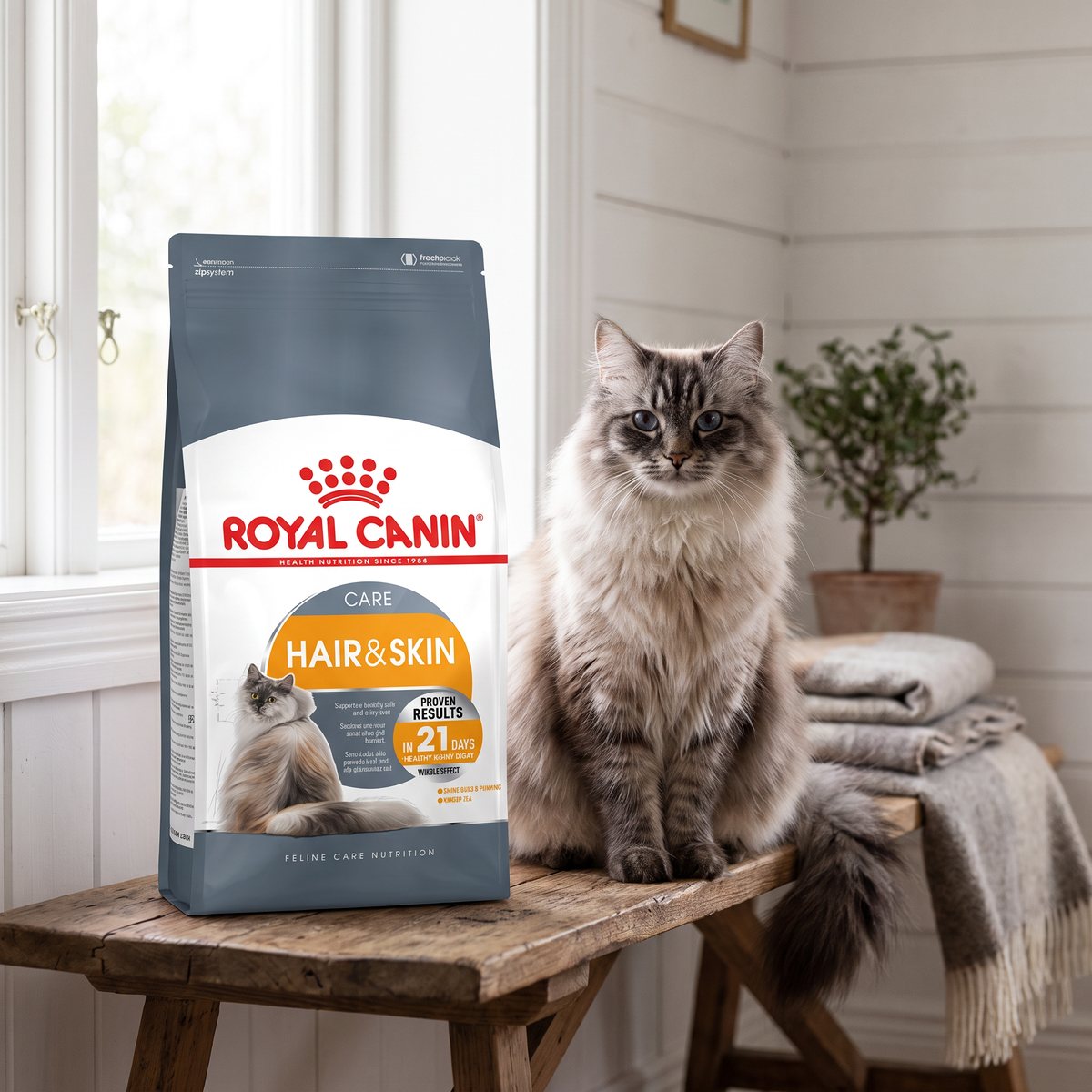 Säck Royal Canin Hair & Skin Care på en trähurts i ett svenskt hem med vitmålade träpaneler, med en långhårig katt bredvid
