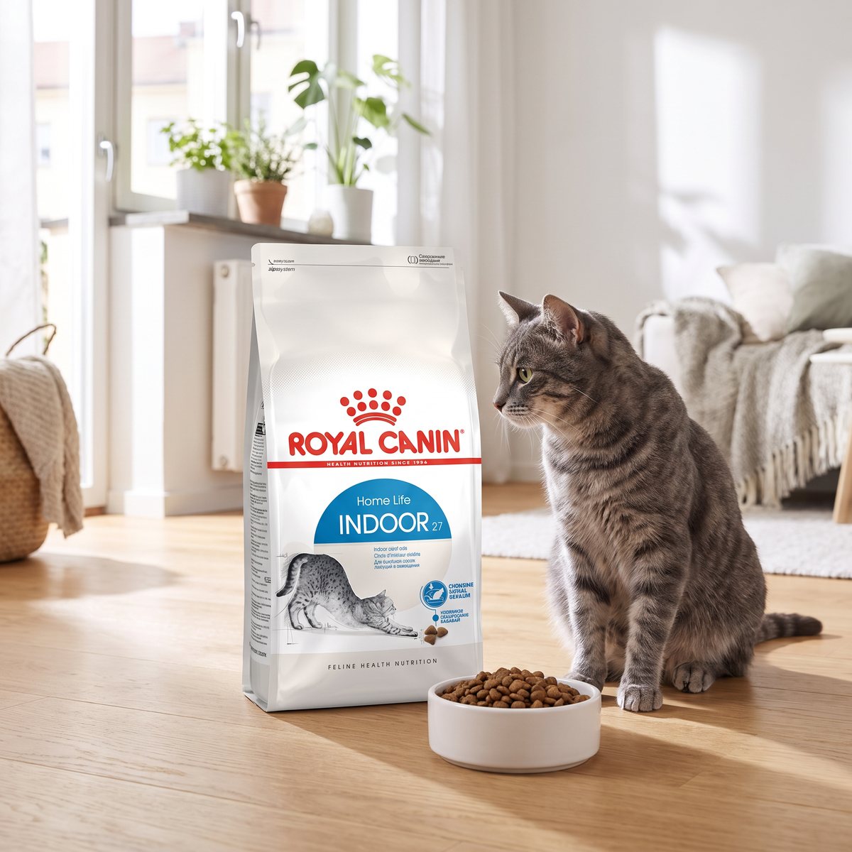 Säck Royal Canin Indoor 27 på ett trägolv i en ljus svensk lägenhet, med en grå tabbykatt och en skål torrfoder bredvid