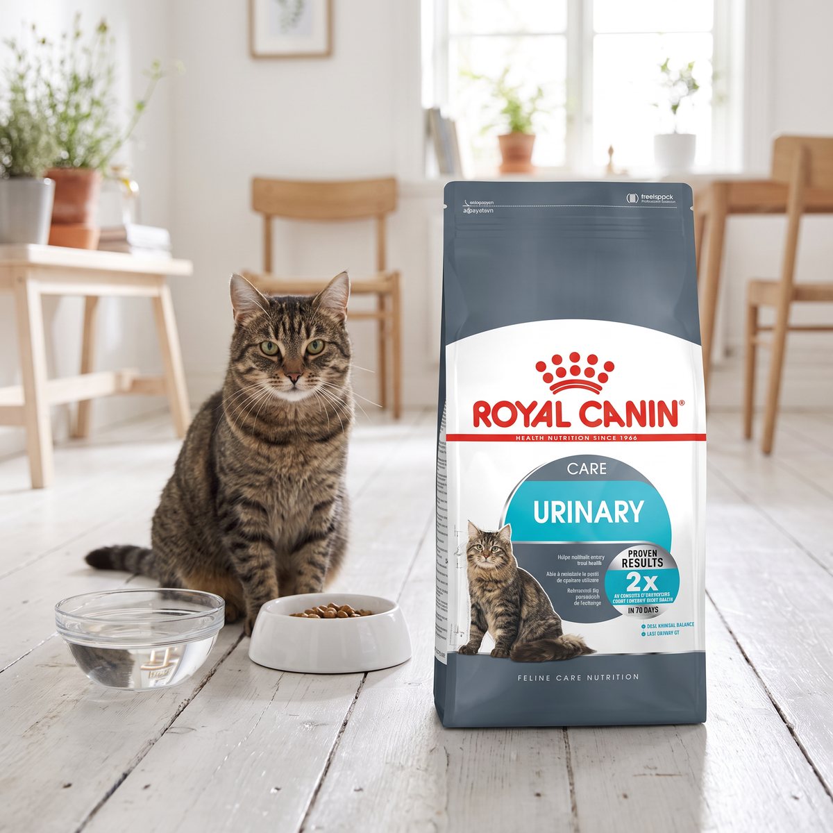 Säck Royal Canin Urinary Care på ett vitt trägolv i ett ljust svenskt hem, med en tabbykatt, en foderskål och en vattenskål
