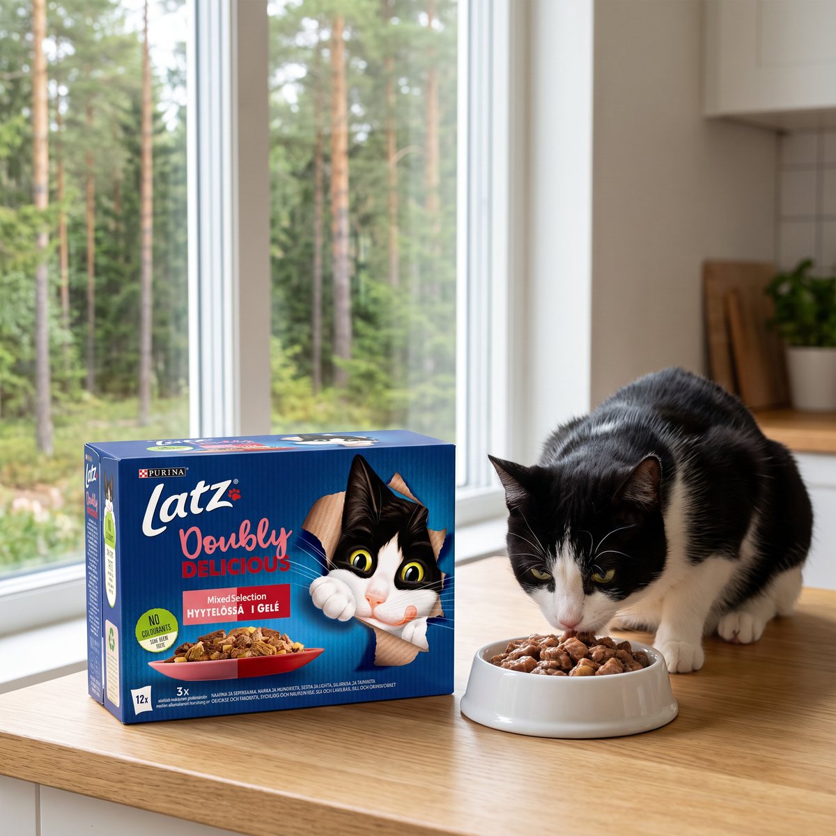 Kartong med Latz Doubly Delicious Mixed Selection på ett träbord vid fönstret i ett svenskt hem, en katt äter ur en skål