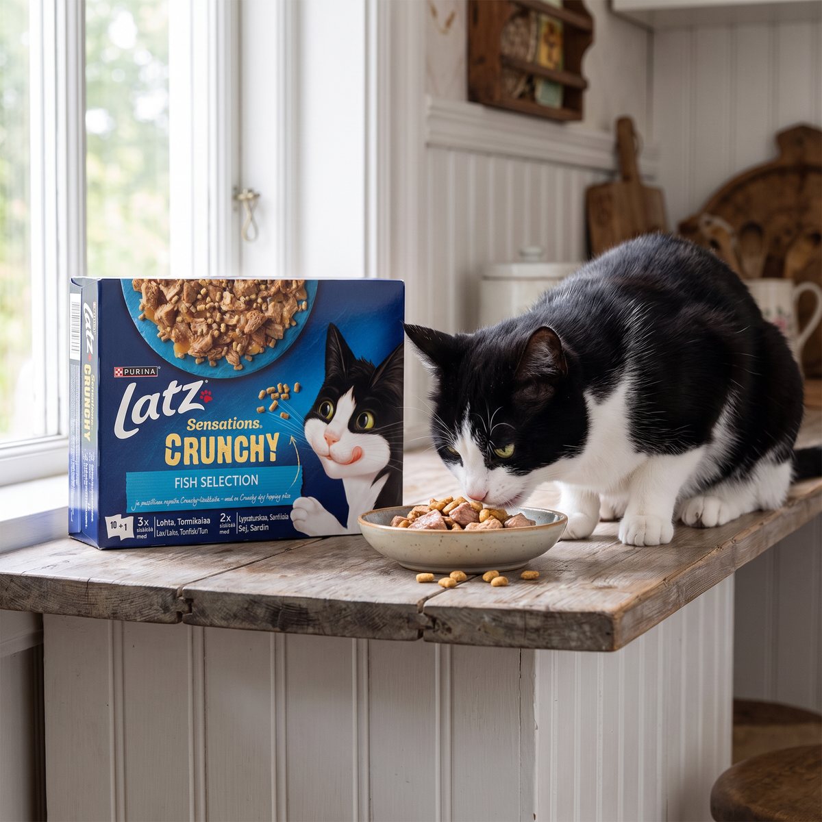 Kartong med Latz Sensations Crunchy Fish på en hylla i ett svenskt kök, en katt äter fiskbitar med knapriga extrabitar