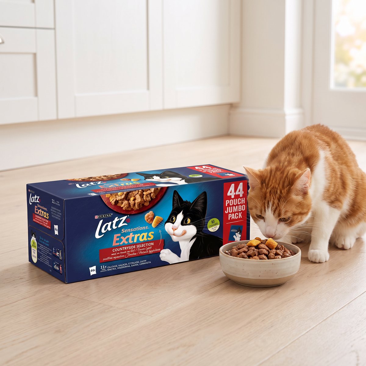 Kartong med Latz Sensations Extras Countryside Selection på trägolvet i ett svenskt kök, en katt äter ur en skål med bitar i gelé