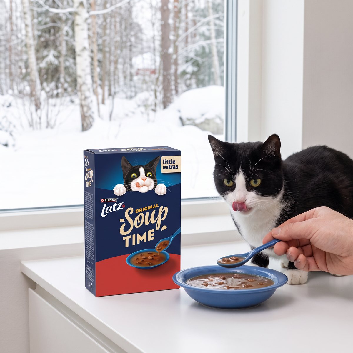 Kartong med Latz Soup Farm Selection på en köksbänk i ett svenskt hem, en hand håller en sked över en skål med soppa, en katt tittar på
