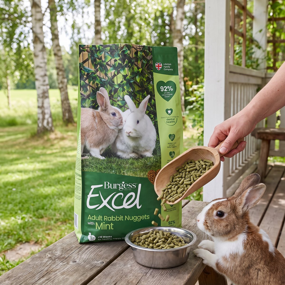 Burgess Excel Adult Rabbit Nuggets med mynta på en träbänk på en svensk veranda med björkar, en hand häller nuggets ur en skopa i en skål medan en kanin väntar