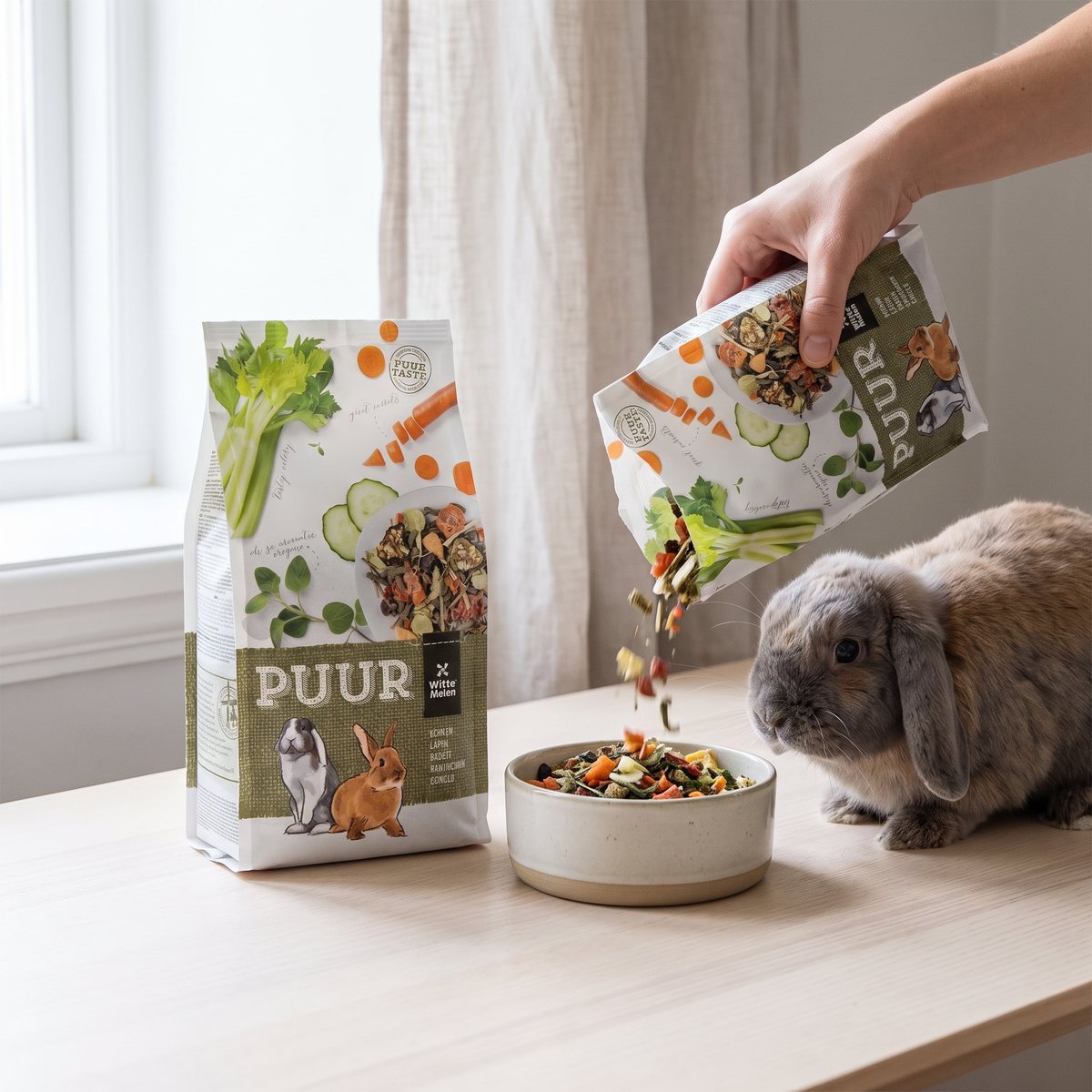 PUUR Rabbit-påse på ett ljust träbord i ett svenskt hem, en hand häller foderblandningen i en skål åt en lophårig kanin