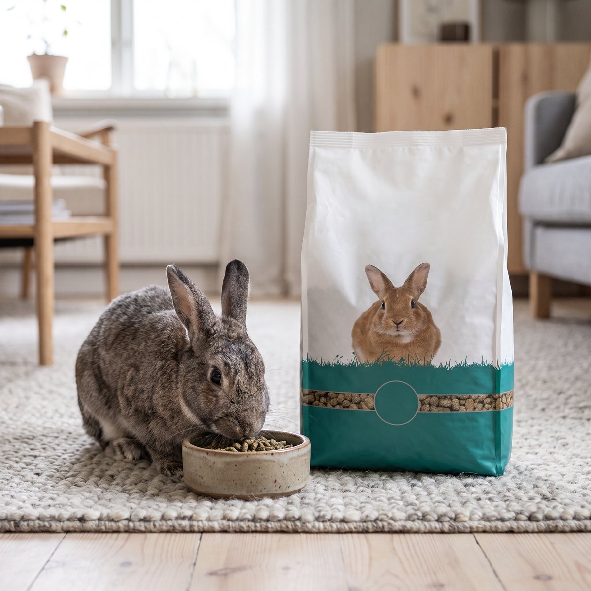 Science Selective 4+ Rabbit-foderpåse på en ullmatta i ett svenskt hem, bredvid en äldre kanin som äter pellets ur en skål