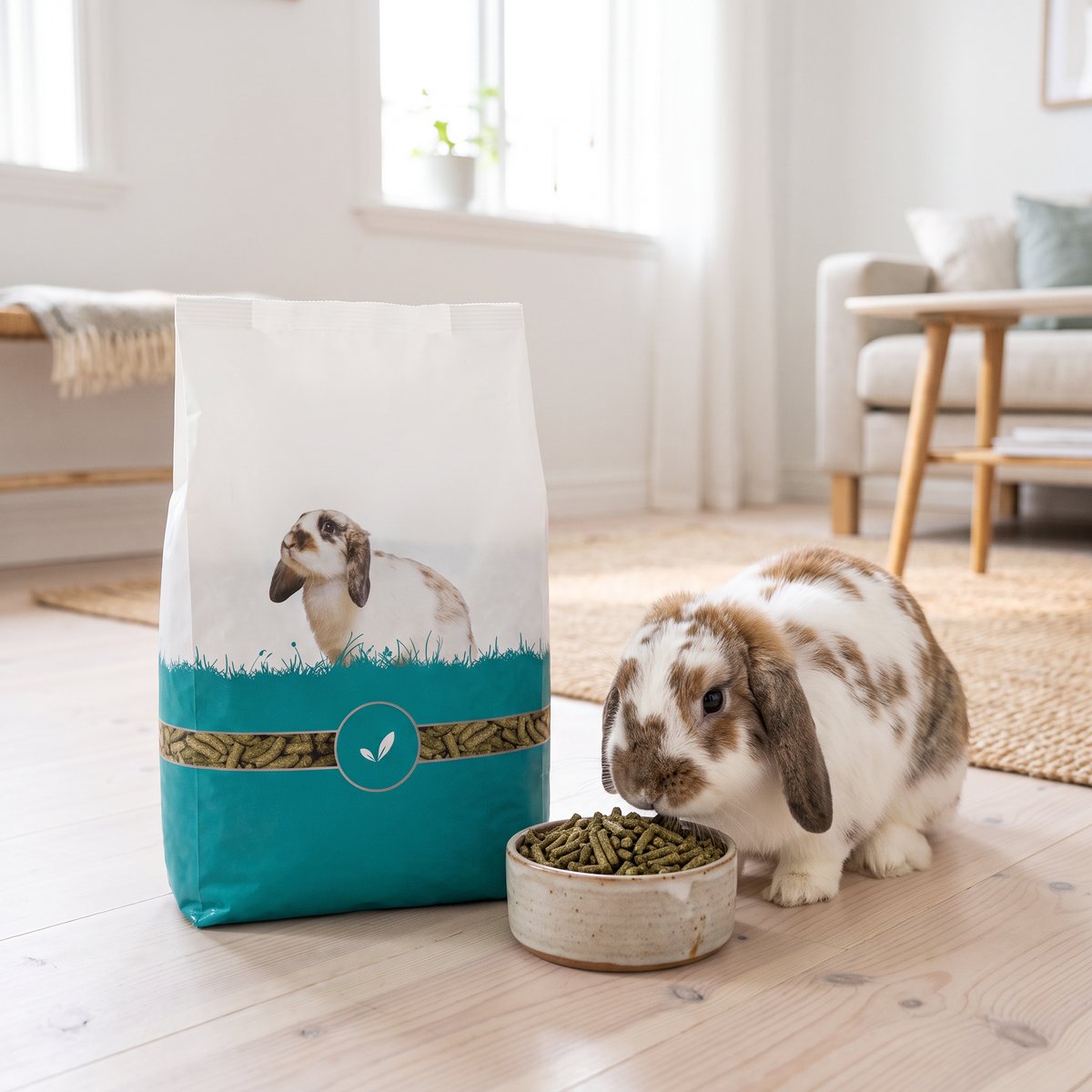 Science Selective Adult Rabbit-foderpåse på ljust trägolv i ett svenskt vardagsrum, bredvid en lophårig kanin som äter pellets ur en skål