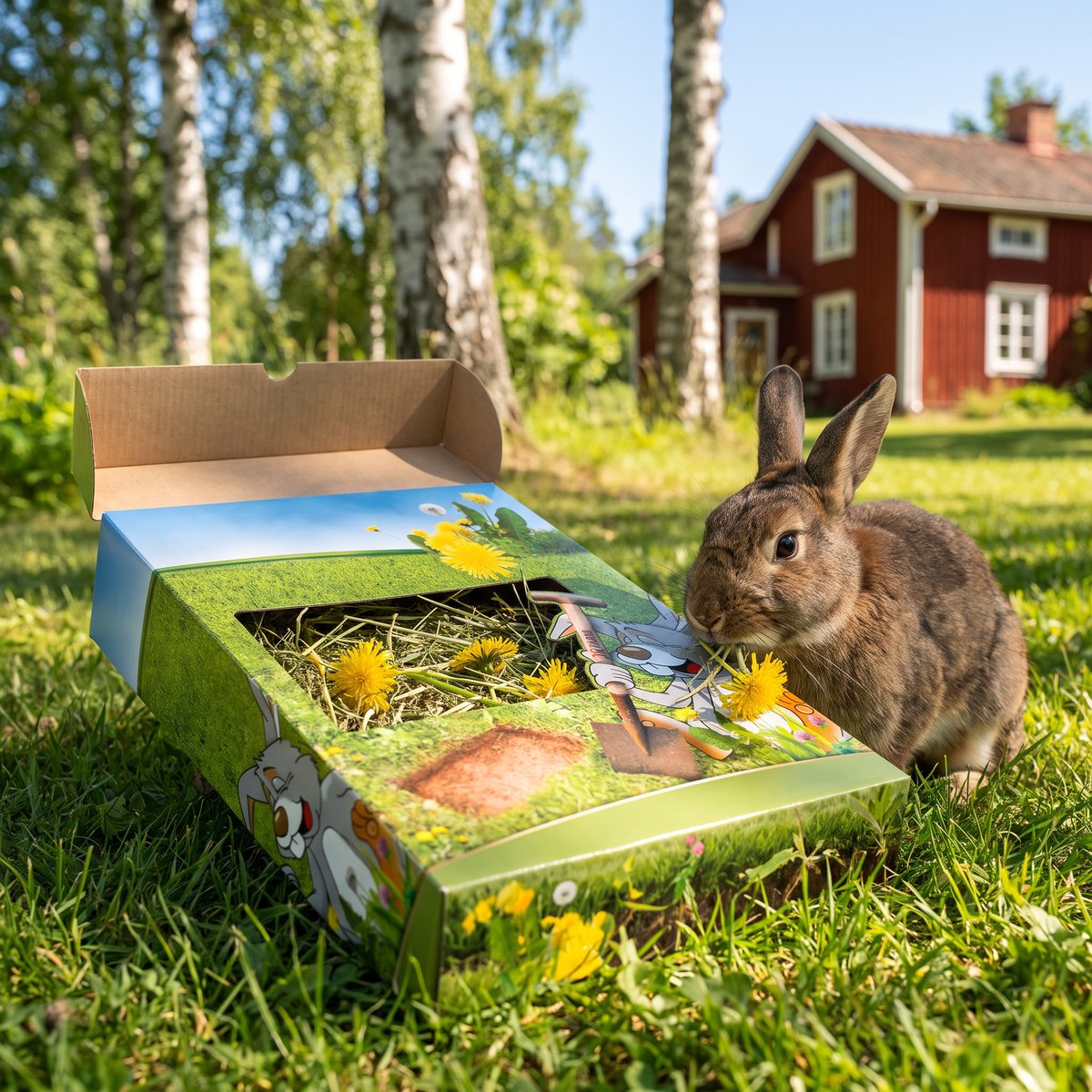 JR Farm Ängbit på gräsmatta i en svensk trädgård med björkar och rött trähus, en kanin tuggar på höet