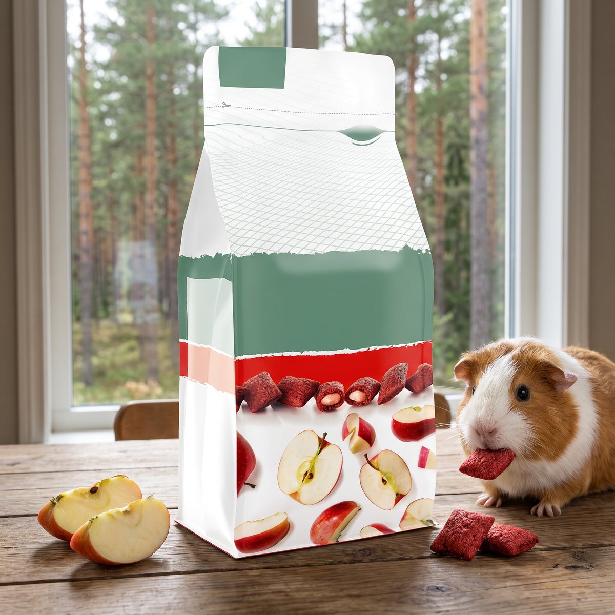 Versele-Laga Complete Crock Äpple på ett träbord i ett svenskt hem med tallskog utanför fönstret, ett marsvin äter en kudde