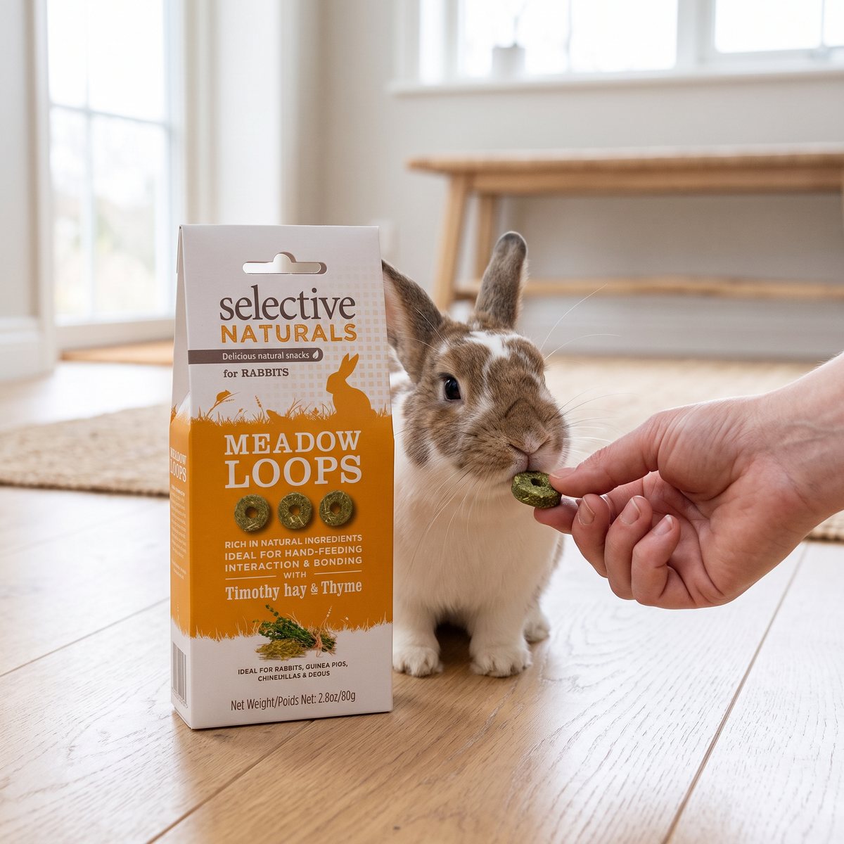 Science Selective Naturals Meadow Loops på ett ljust trägolv i ett svenskt hem, en hand matar en kanin med en grön ring