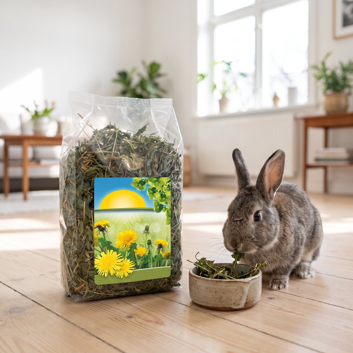 JR Farm Torkade Maskrosor i genomskinlig påse på ett ljust trägolv i ett svenskt vardagsrum, en kanin nafsar på maskrosblad