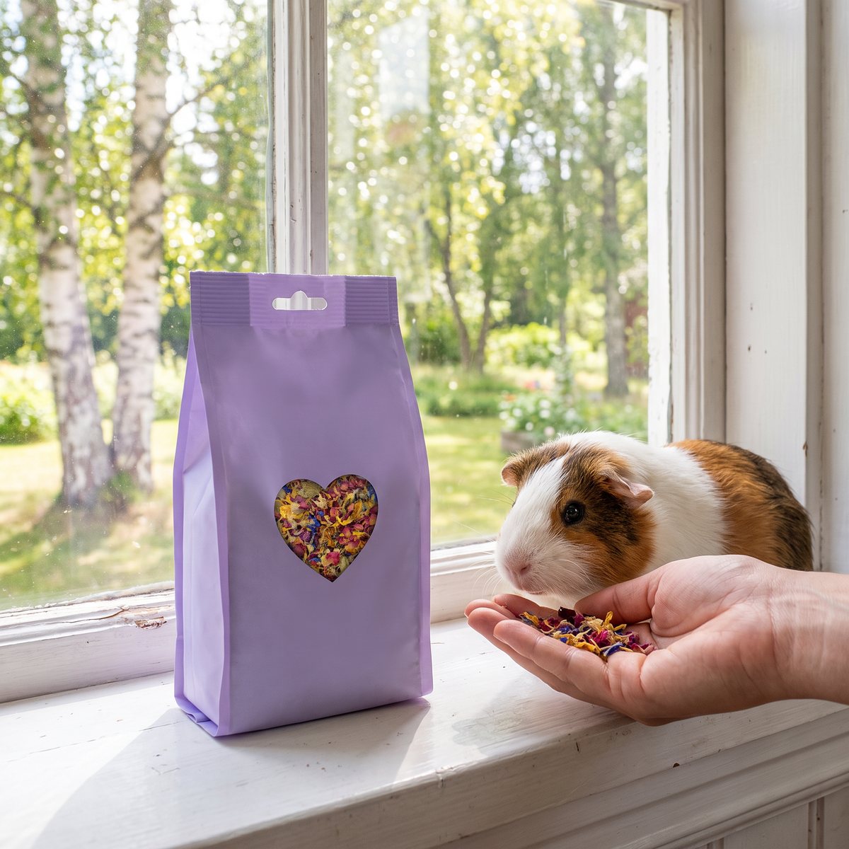 Burgess Excel Natures Snack Wildflower på en vit fönsterbräda i en svensk stuga, en hand bjuder ett marsvin på torkade blomblad