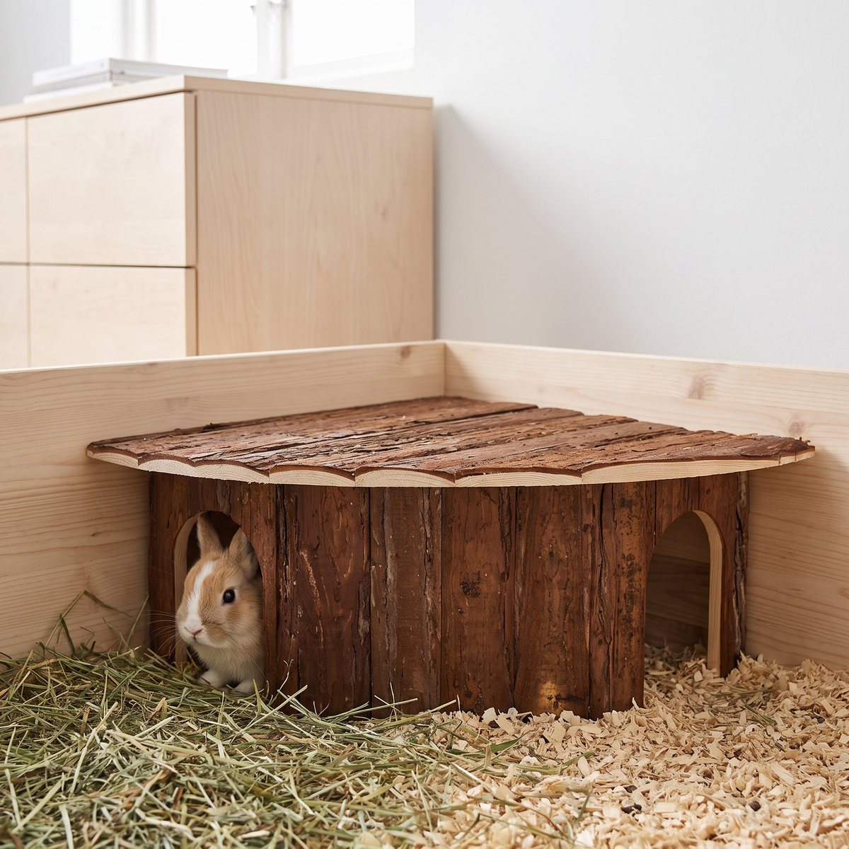 Trixie Hörnhus Natural Living i hörnet av en kaninhage inomhus, med hö och spån och en dvärgkanin som tittar ut genom ena öppningen