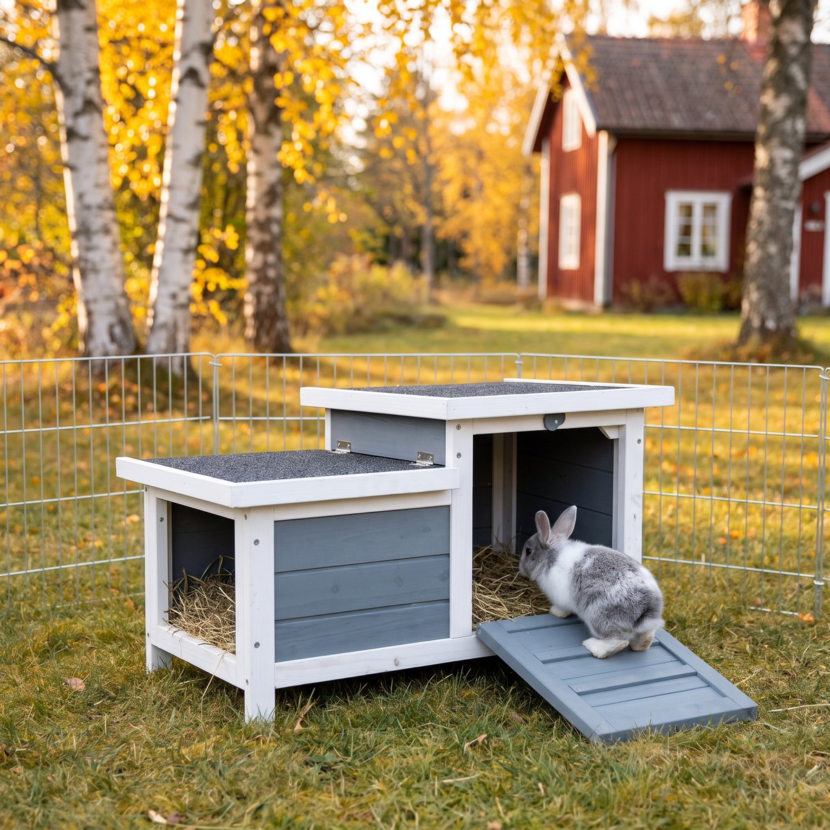 Trixie Natura Smådjurshus Grå/Vit i en kaninhage på en svensk höstgräsmatta, med en kanin på väg uppför den nedfällda luckan