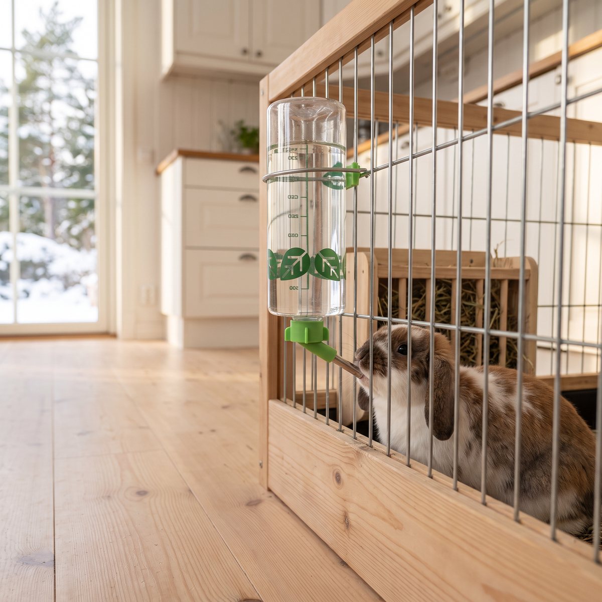 Genomskinlig vattenflaska med grönt mönster och grön pip på gallret till en kaninbur bredvid en höhäck, en vädurskanin dricker, i ett ljust kök med furugolv