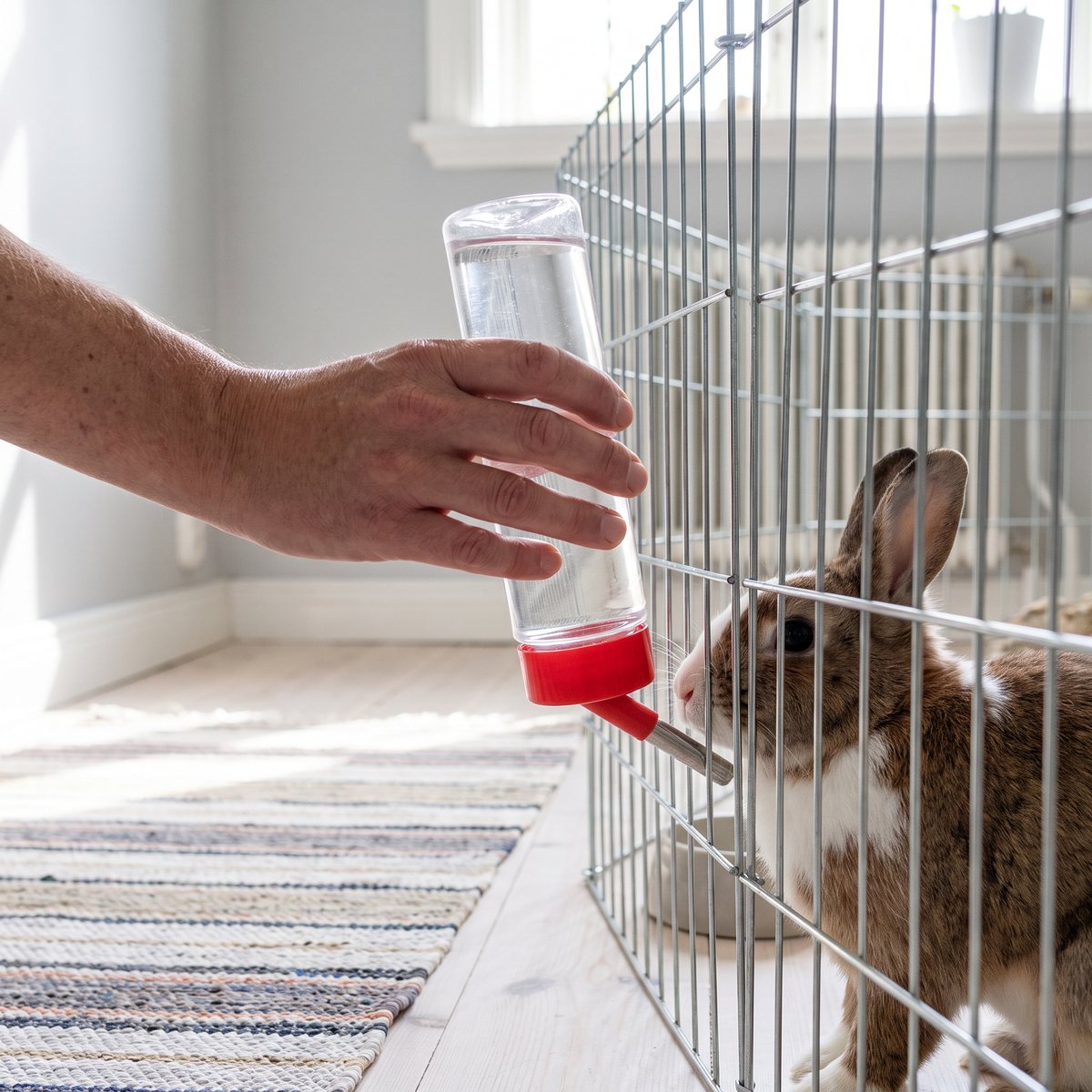 En hand hänger en genomskinlig vattenflaska med röd pip på gallret till en kaninhage där en brun kanin dricker, i en ljus hall med trasmatta