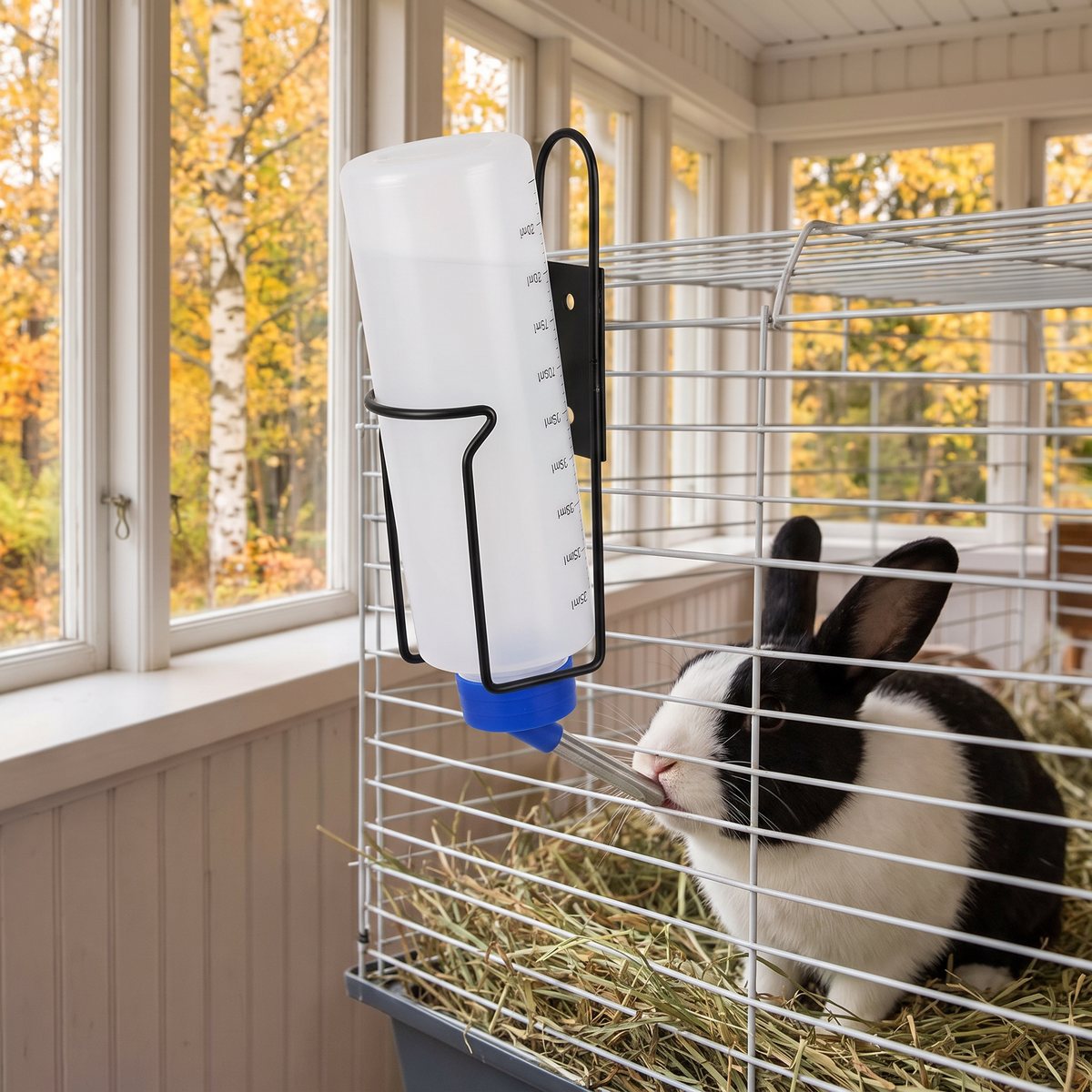 Vit plastflaska med blå pip i svart trådhållare utanpå gallret till en kaninbur, en svartvit kanin dricker inne i buren, i en inglasad veranda med björkar utanför