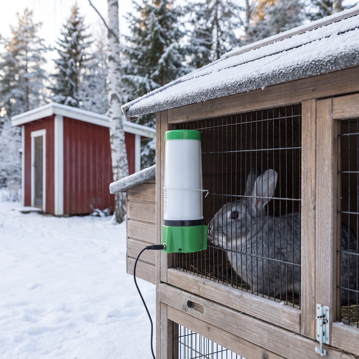 Uppvärmd vit och grön vattenflaska med elkabel på framsidan av en utebur i trä, en grå kanin dricker, i en snöig svensk trädgård med rött förråd och granar