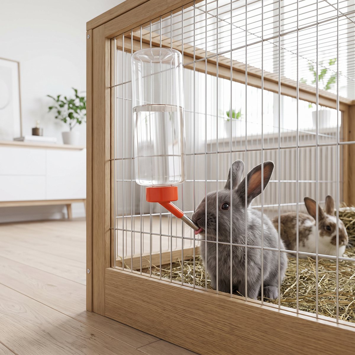 Stor genomskinlig vattenflaska med orange pip hänger på gallret till en kaninbur där två kaniner dricker och vilar i höet, i ett ljust vardagsrum med ekgolv