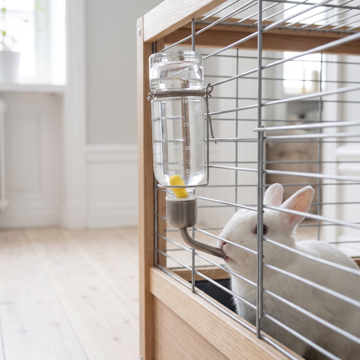 Vattenflaska i glas med trådhållare och böjd metallpip på gallret till en kaninbur, en vit kanin dricker, i en ljus lägenhet med trägolv