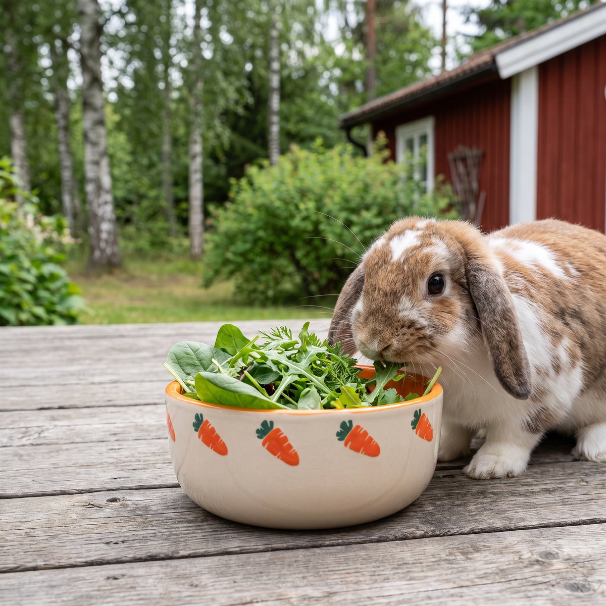 Keramikskål med morotsmotiv och orange insida fylld med gröna blad på en trädäck i en svensk trädgård, en kanin äter